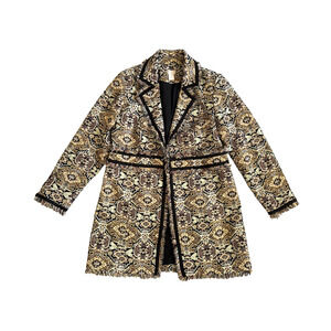 Chico's Tapestry Coat C-1 US M Brown Black Gold Metallic Threads Lined Bohemian